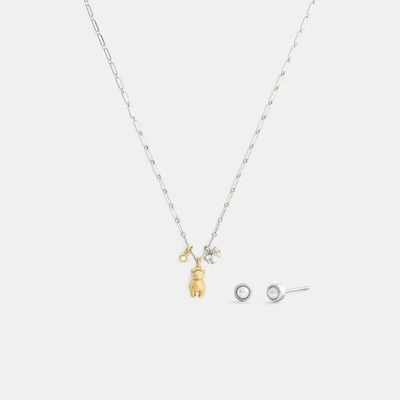 New With Box Coach Teddy Bear And Bow Earrings And Necklace Boxed Set CCU46 - Picture 3 of 11